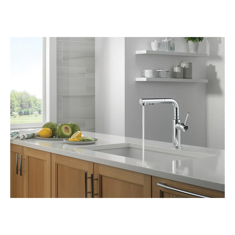 Kitchen Faucet Daneri Widespread 1 Lever ADA Chrome Pull-Out 2 Function L-Shaped 360 DEG Swivel 1 Hole Deck Diamond Seal/Touch-Clean/MagnaTite 1.8 Gallons per Minute - Rockland Interiors Inc.