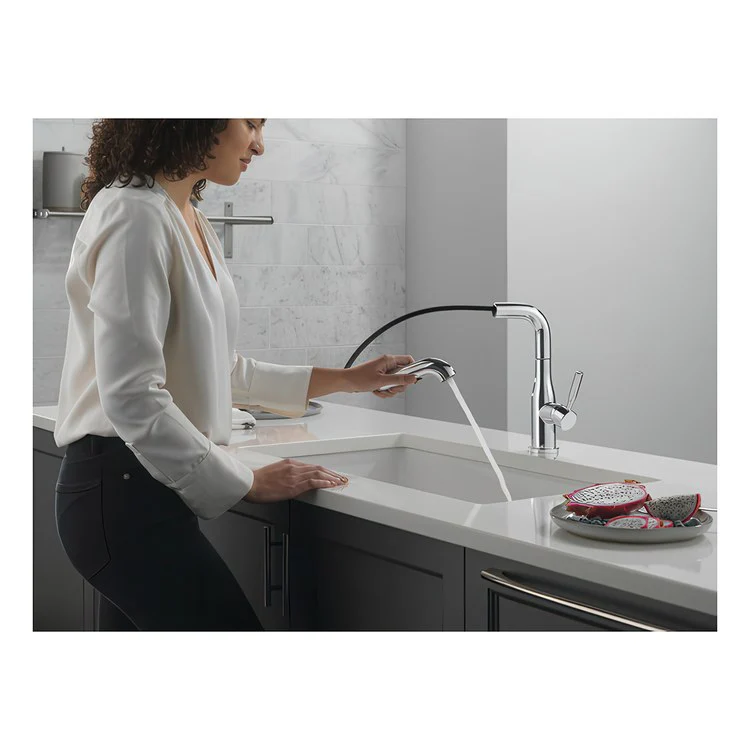 Kitchen Faucet Almari Widespread 1 Lever ADA Chrome Pull-Out 2 Function L-Shaped 360 DEG Swivel 1 Hole Deck Diamond Seal/Touch-Clean/MagnaTite 1.8 Gallons per Minute - Rockland Interiors Inc.