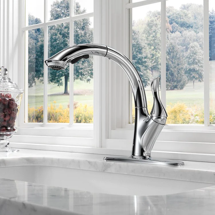 Linden Single Handle High Arc Pull Out Kitchen Faucet with Multi-Flow Technology - Rockland Interiors Inc.