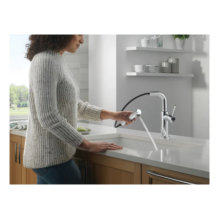 Kitchen Faucet Daneri Widespread 1 Lever ADA Chrome Pull-Out 2 Function L-Shaped 360 DEG Swivel 1 Hole Deck Diamond Seal/Touch-Clean/MagnaTite 1.8 Gallons per Minute - Rockland Interiors Inc.