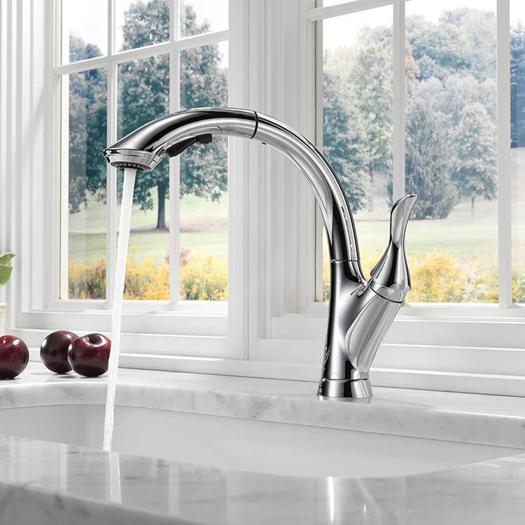 Linden Single Handle High Arc Pull Out Kitchen Faucet with Multi-Flow Technology - Rockland Interiors Inc.
