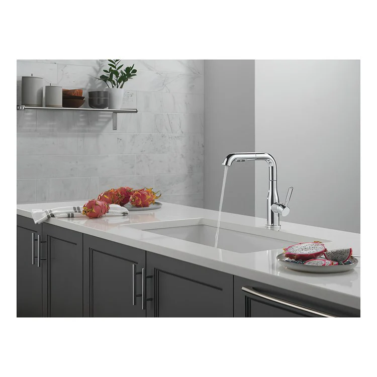 Kitchen Faucet Almari Widespread 1 Lever ADA Chrome Pull-Out 2 Function L-Shaped 360 DEG Swivel 1 Hole Deck Diamond Seal/Touch-Clean/MagnaTite 1.8 Gallons per Minute - Rockland Interiors Inc.