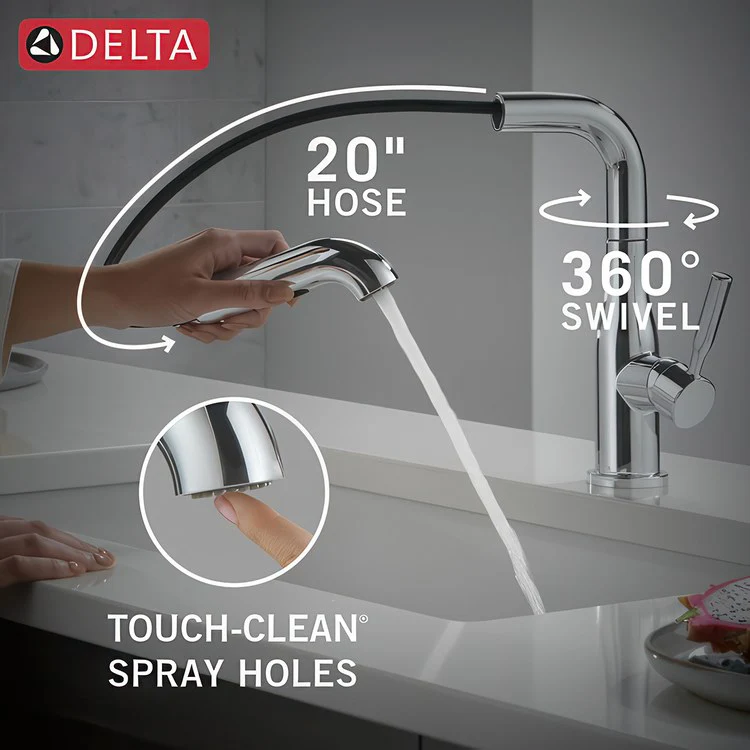 Kitchen Faucet Almari Widespread 1 Lever ADA Chrome Pull-Out 2 Function L-Shaped 360 DEG Swivel 1 Hole Deck Diamond Seal/Touch-Clean/MagnaTite 1.8 Gallons per Minute - Rockland Interiors Inc.