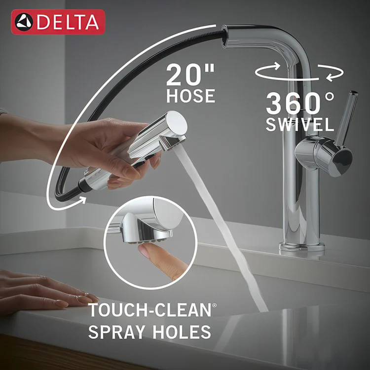 Kitchen Faucet Daneri Widespread 1 Lever ADA Chrome Pull-Out 2 Function L-Shaped 360 DEG Swivel 1 Hole Deck Diamond Seal/Touch-Clean/MagnaTite 1.8 Gallons per Minute - Rockland Interiors Inc.